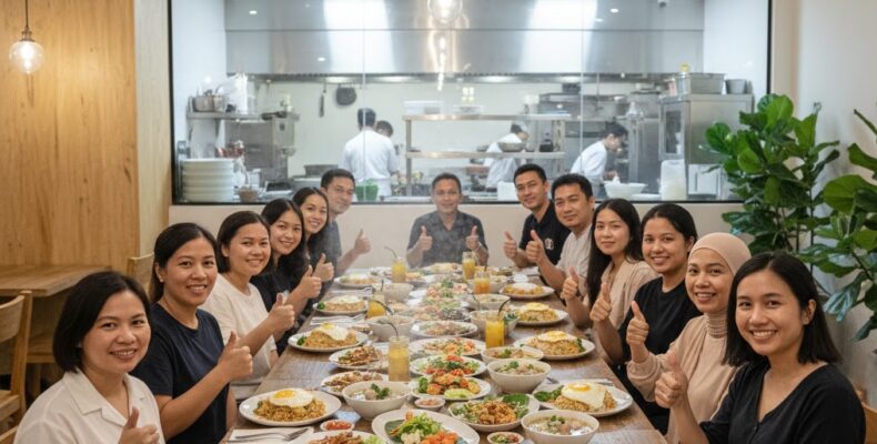 Sekelompok orang dewasa dan seorang anak-anak terlihat gembira di sebuah restoran modern Novaslot88, duduk mengelilingi meja panjang yang penuh dengan berbagai hidangan Asia seperti nasi goreng, mie, sate, dan lumpia.